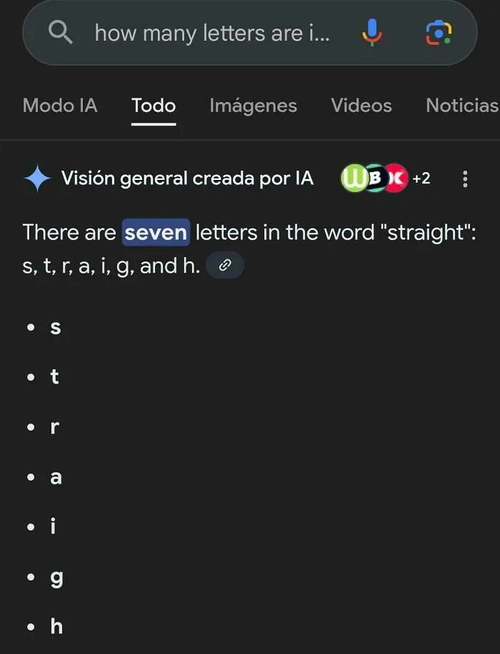 Google AI search showing AI getting things wrong by spelling straight with only seven letters
