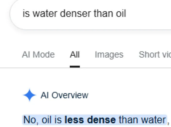 Google AI Overview search result getting things wrong by falsely stating oil is less dense than water