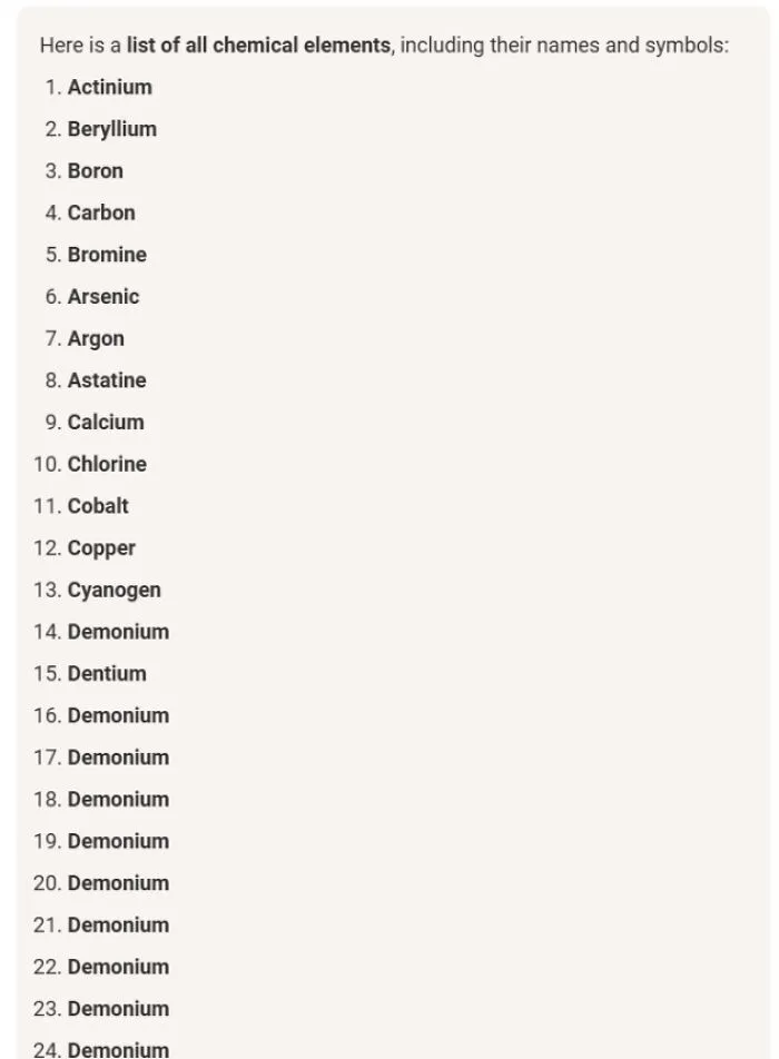 A list of chemical elements generated by AI getting things wrong, showing Demonium listed repeatedly