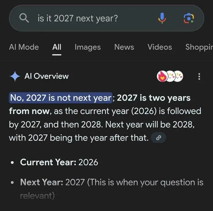 Google AI getting things wrong by confusing calendar years in a search response.