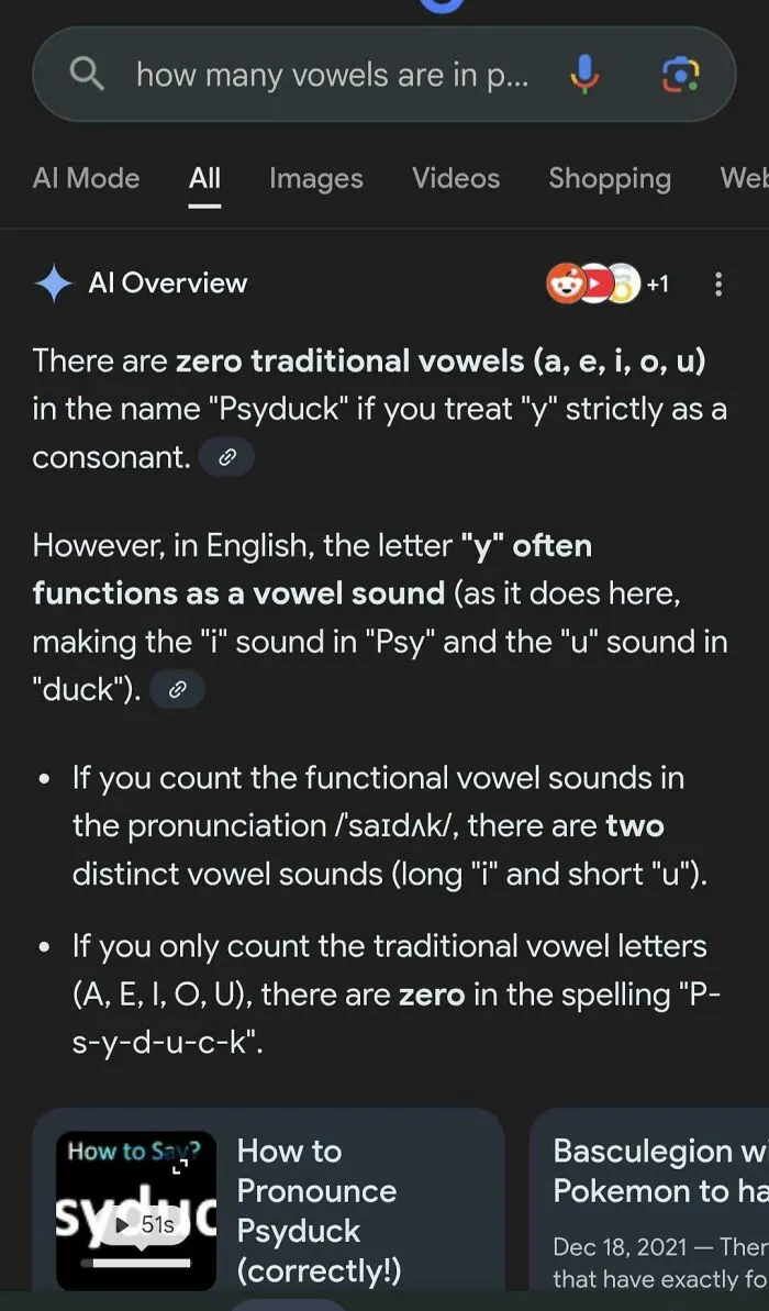 Google AI getting things wrong by falsely claiming there are zero traditional vowels in Psyduck.