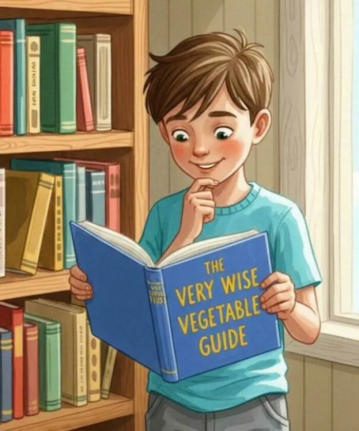 An AI-generated illustration of a boy holding a book with nonsensical title text.