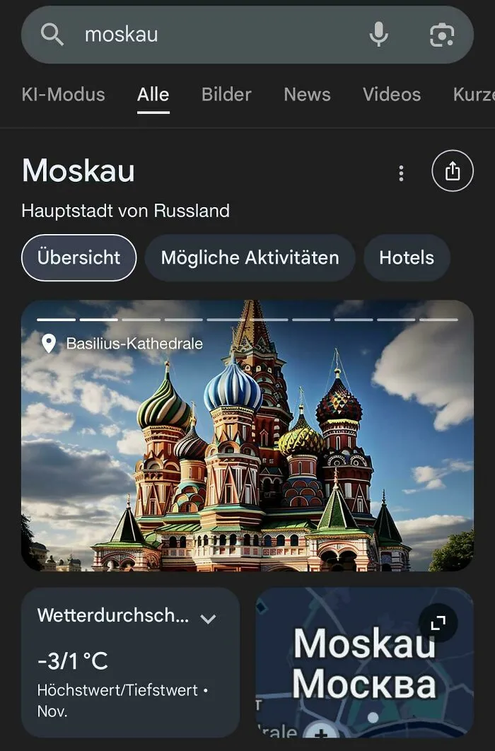 AI search results showing a distorted digital generation of Saint Basil Cathedral.