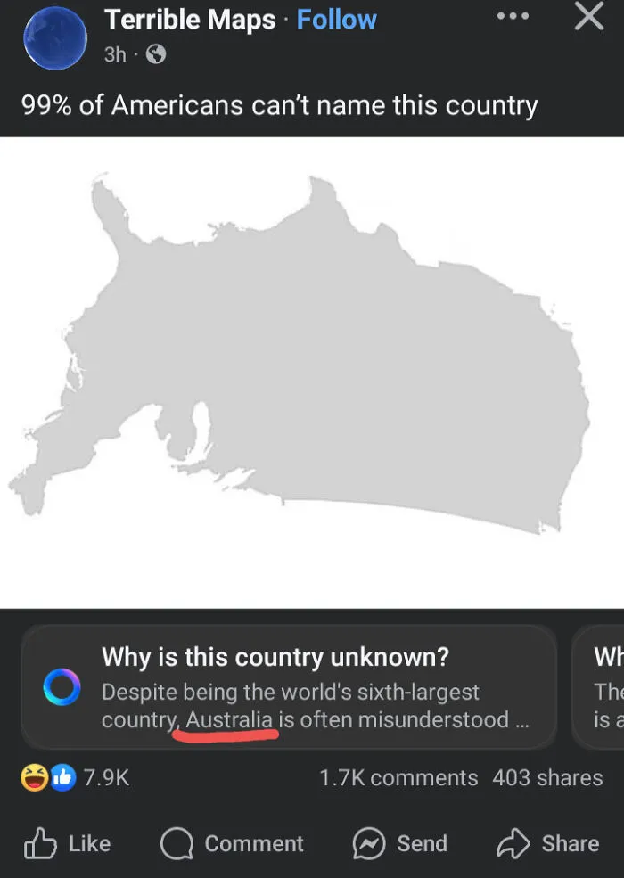 A map outline of Europe incorrectly labeled by an AI search tool as Australia.