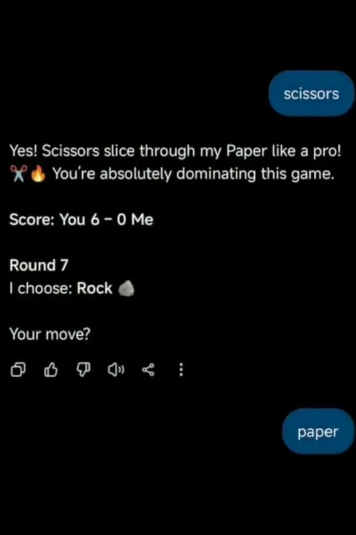 A screenshot showing a chat interface where an AI fails to play rock-paper-scissors correctly.