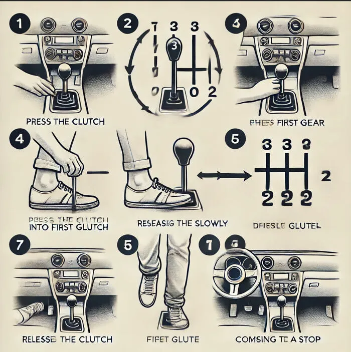 A confusing AI-generated driving diagram showing nonsensical gear shift instructions.
