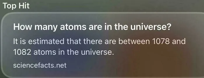 A search snippet showing how AI is getting things wrong by omitting exponents for the number of atoms in the universe.
