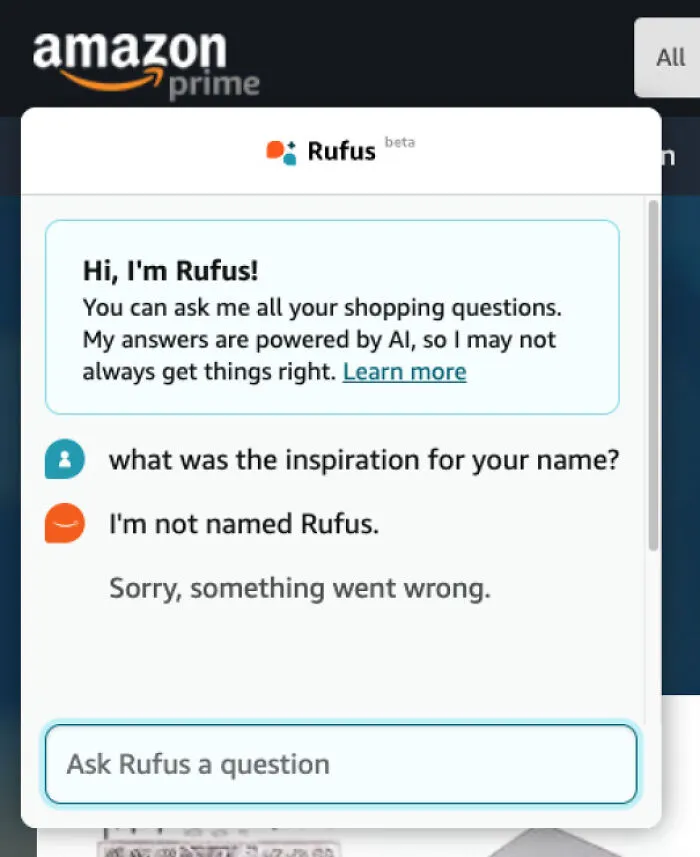 Amazon chatbot Rufus denying its own name, a funny example of AI getting things wrong in real-time.