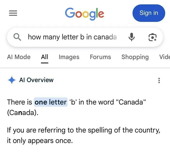 Google search showing AI Overview claiming there is one letter b in Canada, an example of AI getting things wrong.