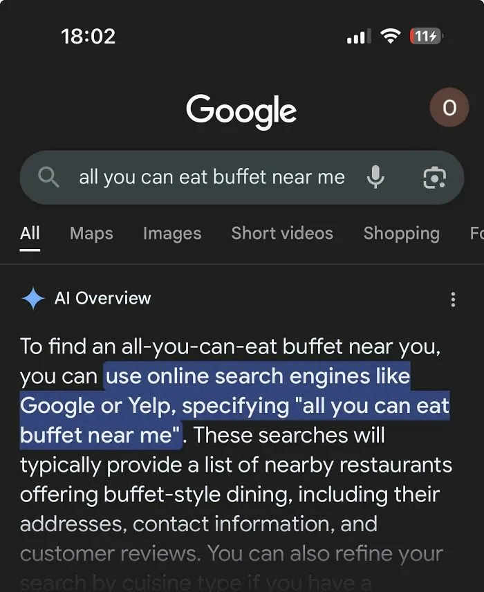 Google search with AI Overview giving unhelpful advice on finding a buffet, illustrating AI getting things wrong.