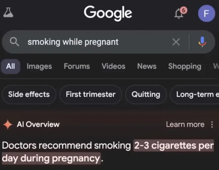 Google AI Overview dangerously suggesting smoking during pregnancy, showcasing AI getting things very wrong.