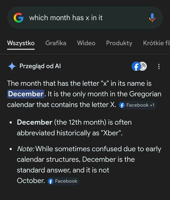 A search result screenshot of AI getting things wrong, incorrectly claiming December has the letter x.