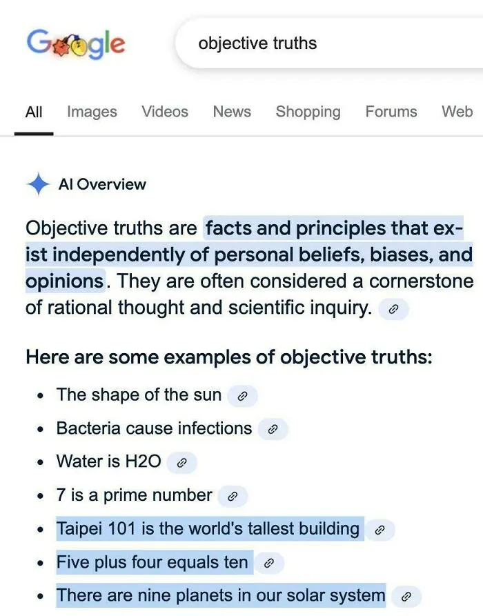 Google AI overview search result showcasing AI getting things wrong by listing incorrect math as objective truths.
