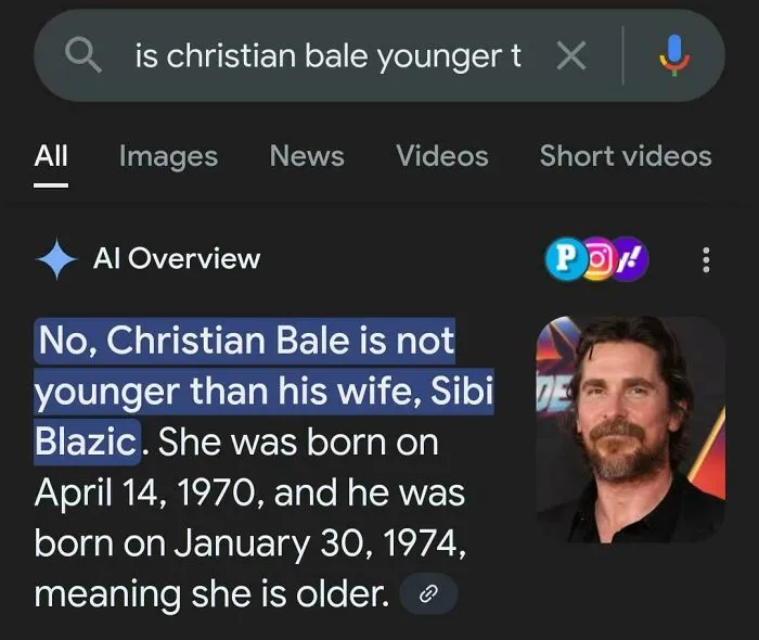 Google search result showing a funny example of AI getting things wrong by contradicting its own date facts.