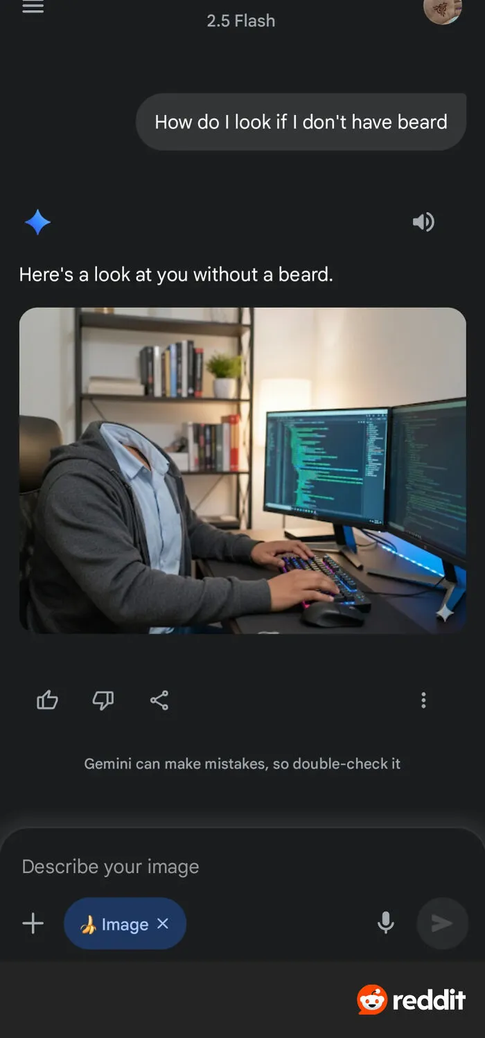 Screenshot of AI getting things wrong by removing a user's entire head when asked to show them without a beard.