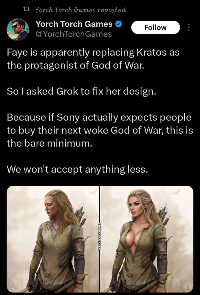 Side-by-side comparison of a female game character design edited by AI, showing how AI gets things wrong.