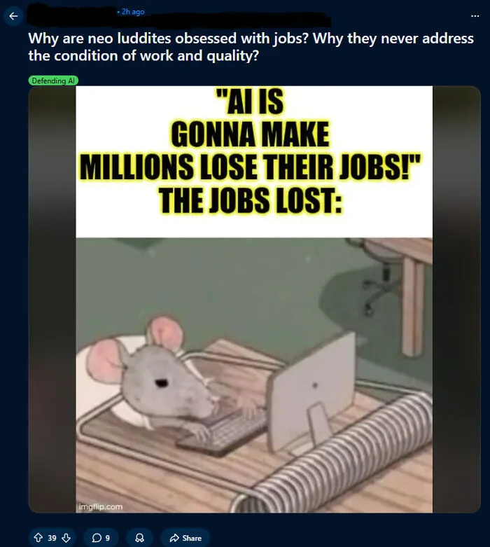 A funny meme illustrating AI getting things wrong with a cartoon mouse using a computer as a joke on lost jobs.