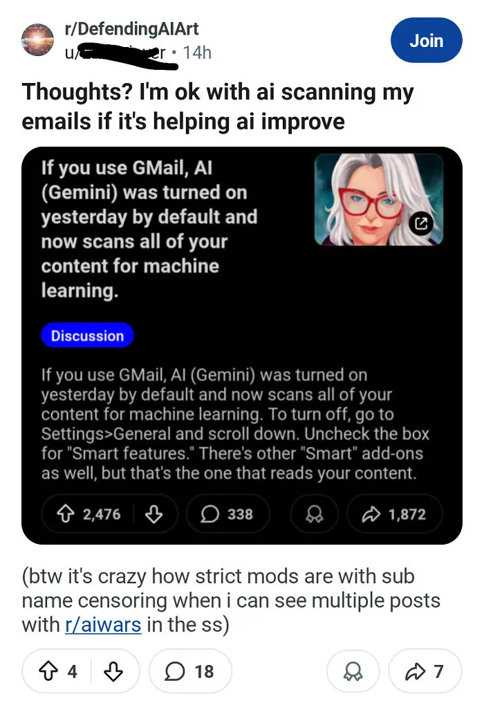 A social media post discussing AI scanning Gmail contents for machine learning, showing controversial AI developments.