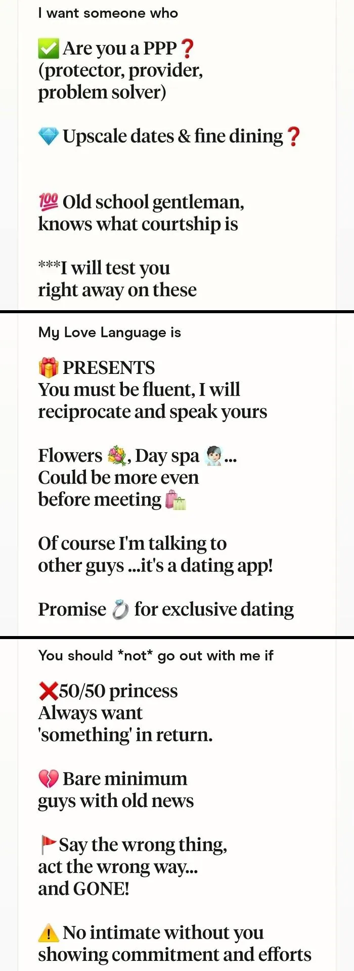 Dating app profile with highly demanding requirements, showing a main character lives mindset.