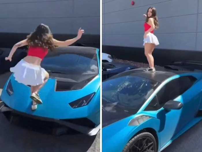 A main character girl in a red top jumps on top of a blue sports car.