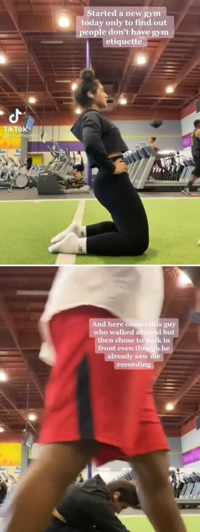 A main character complaining about gym etiquette because someone walked in front of her camera.