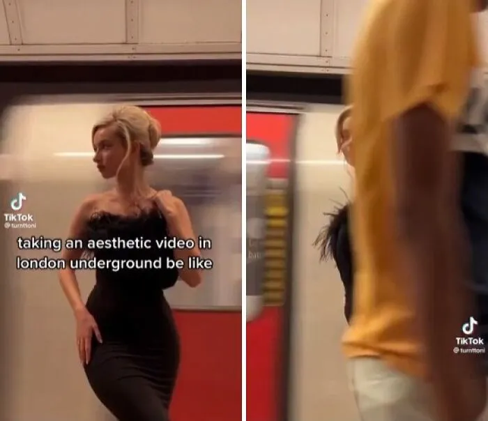 A woman posing for an aesthetic video in the London Underground, showing off main character energy.