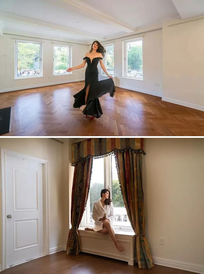 Woman in elegant dress and robe posing inside apartment, living her best main character life.