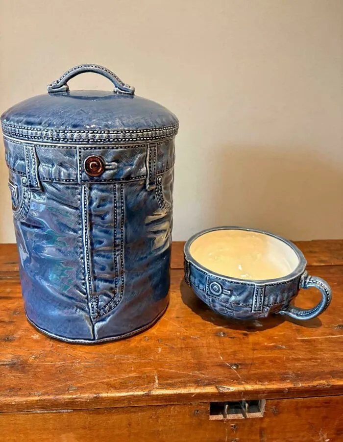 Ceramic cookie jar and mug designed to look like blue jeans reflecting a big vision