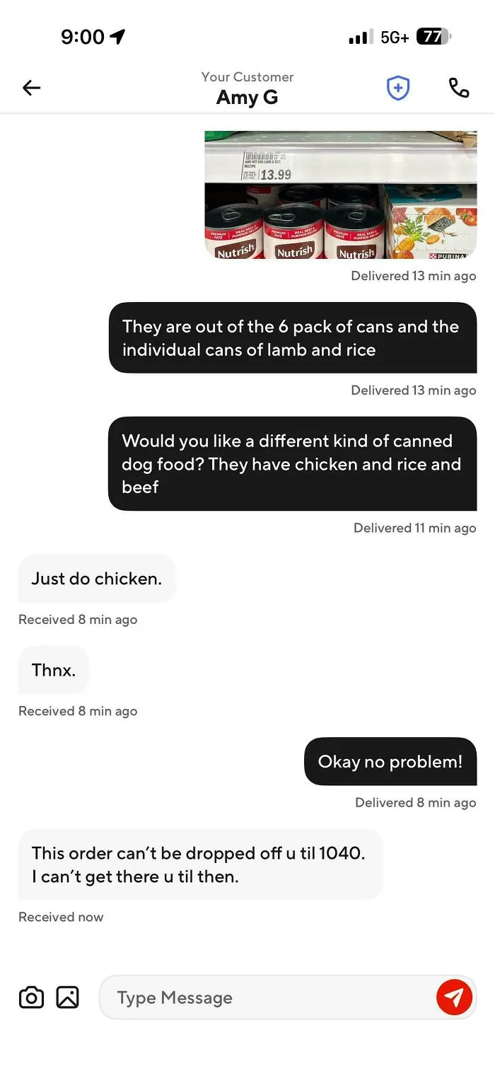 A chat screen where a delivery customer says they are not ready for delivery, showcasing main character lives.