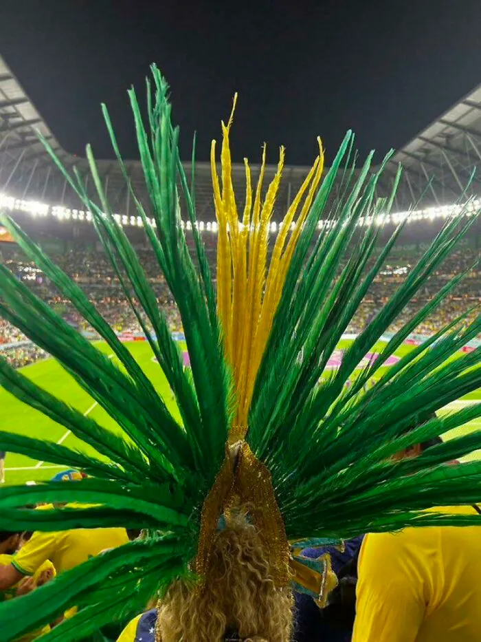 A main character spectator wearing a massive feather headdress that completely blocks the view at a stadium.