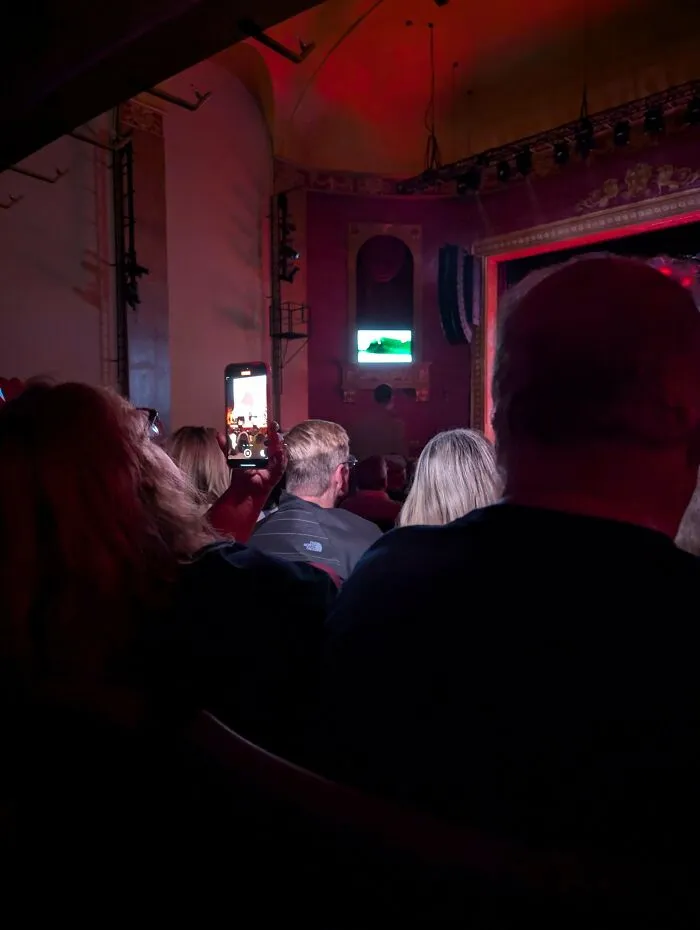 Theater patron acting like a main character by holding up their phone to record the show, blocking others.