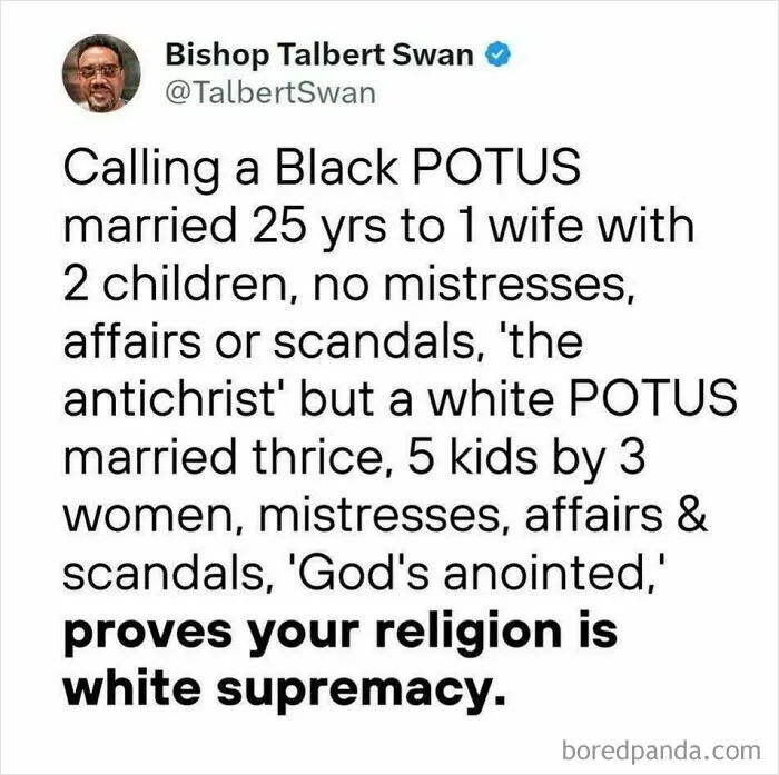 Tweet discussing white supremacy and religion by Bishop Talbert Swan