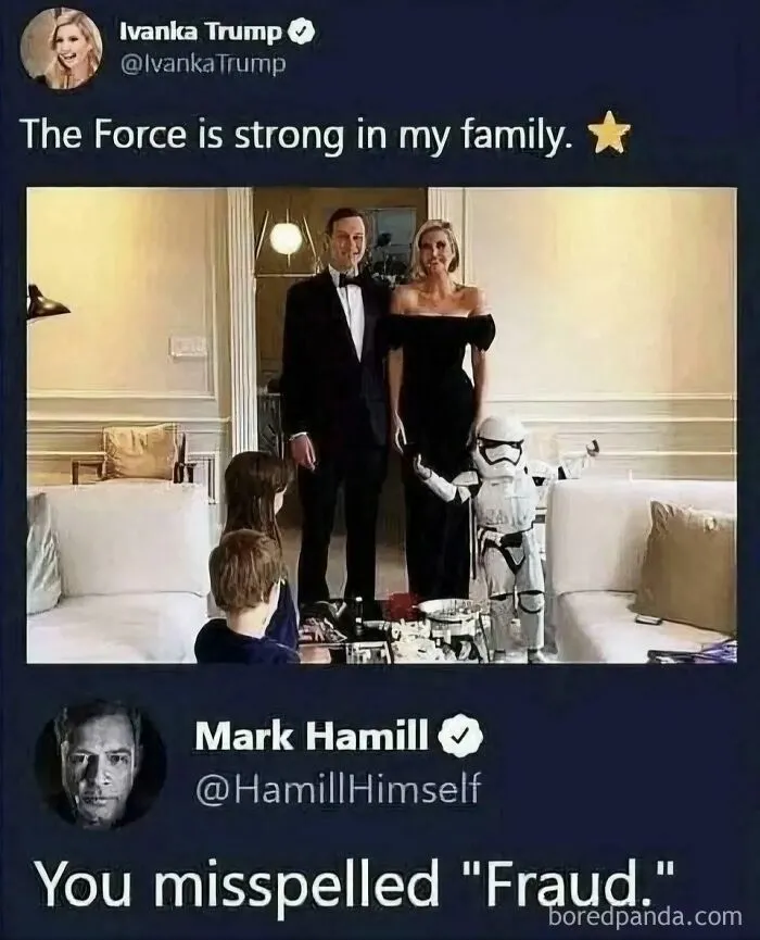 Ivanka Trump tweet with family Star Wars joke and Mark Hamill calling it fraud