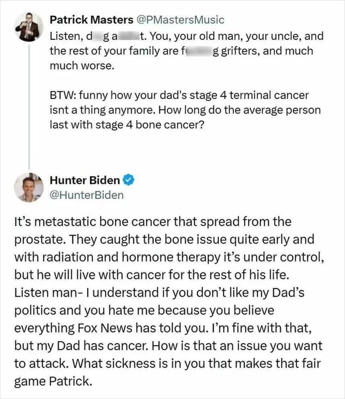 Hunter Biden responds to attack over father's metastatic bone cancer and critic's false claims
