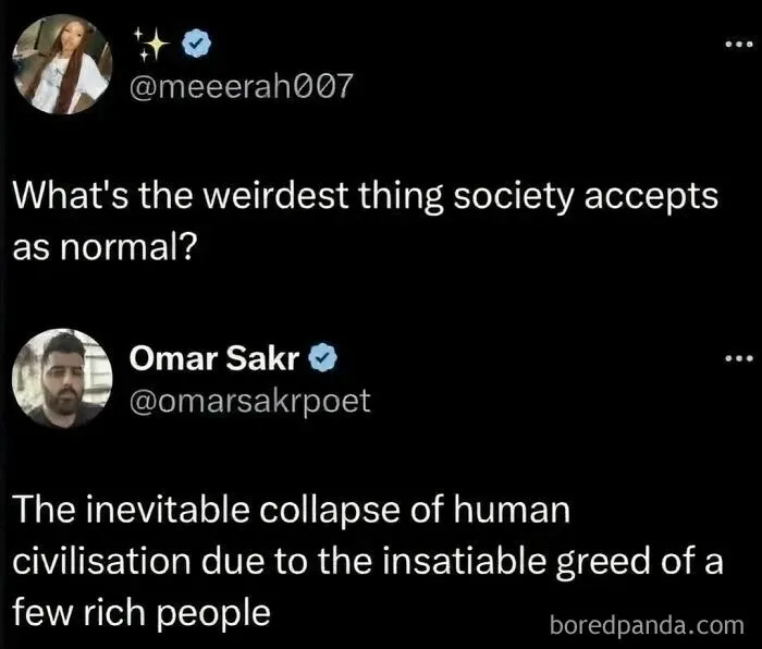 Tweet discussing dystopian collapse of civilization from rich people's greed