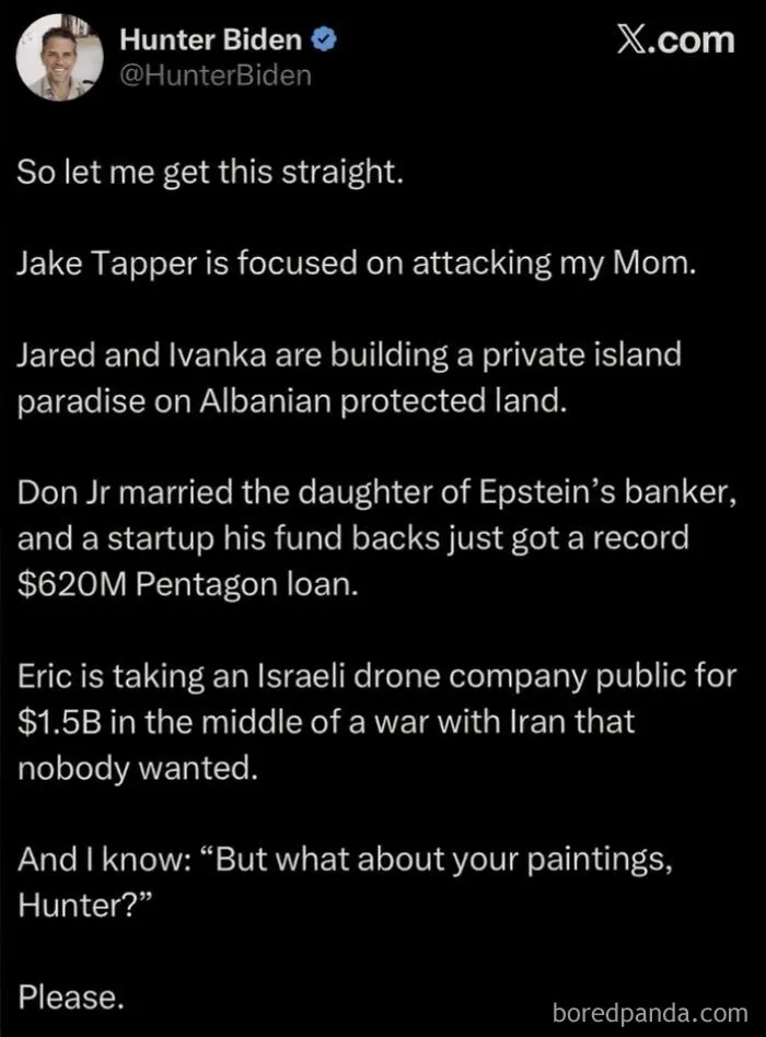 Tweet listing political family issues amid dystopian societal themes