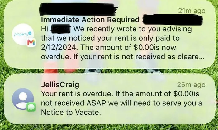 Automated message about overdue rent of zero dollars showing a confusing renting and booking experience