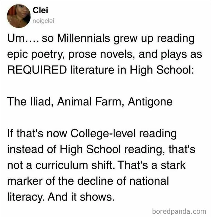 Text about Millennials reading classic literature in high school and decline of national literacy