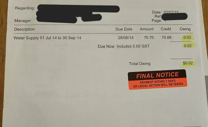 A final notice bill for two cents, highlighting absurd renting experiences and bureaucratic issues.