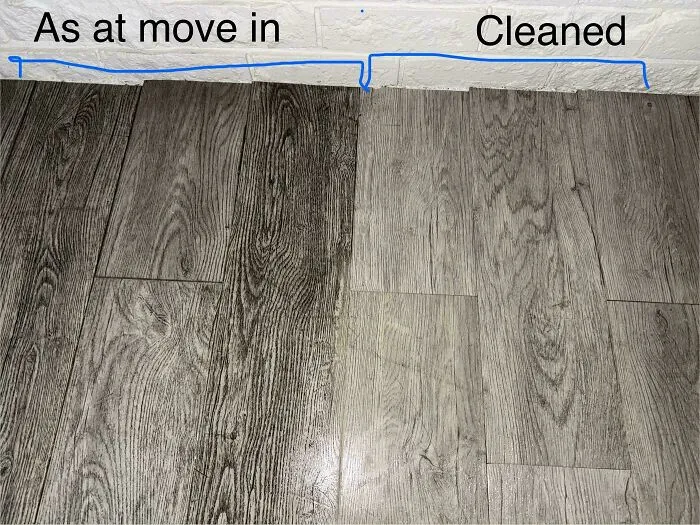 Comparison of dirty and cleaned grey laminate flooring in a renting property
