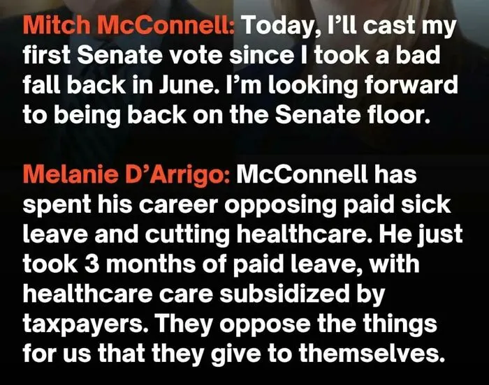 Split image of Mitch McConnell and Melanie D'Arrigo with text on healthcare and paid leave opposition