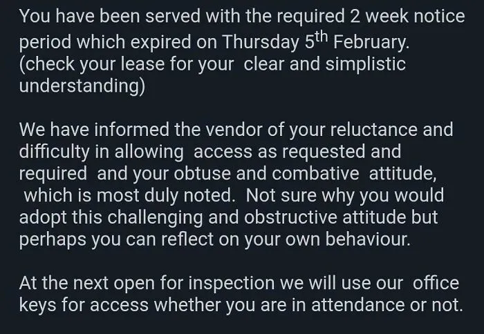 A demanding message about renting and booking notice periods and property access