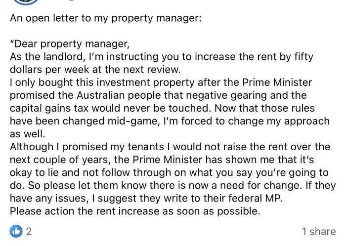 A social media post about renting and booking issues with an open letter to a property manager