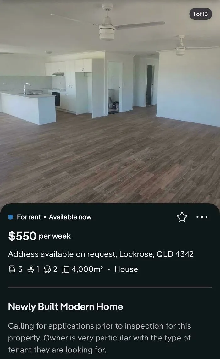 A rental listing for a house showing renting and booking options in QLD