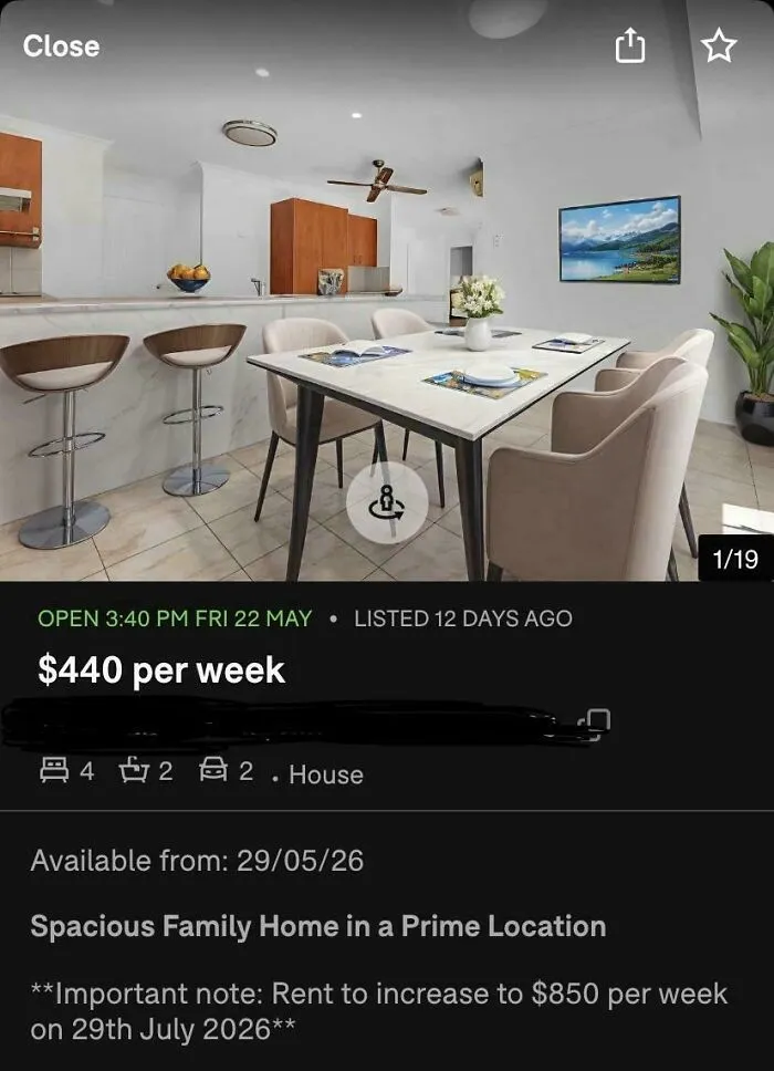 An online house listing with an extreme rent price hike, illustrating renting experiences.