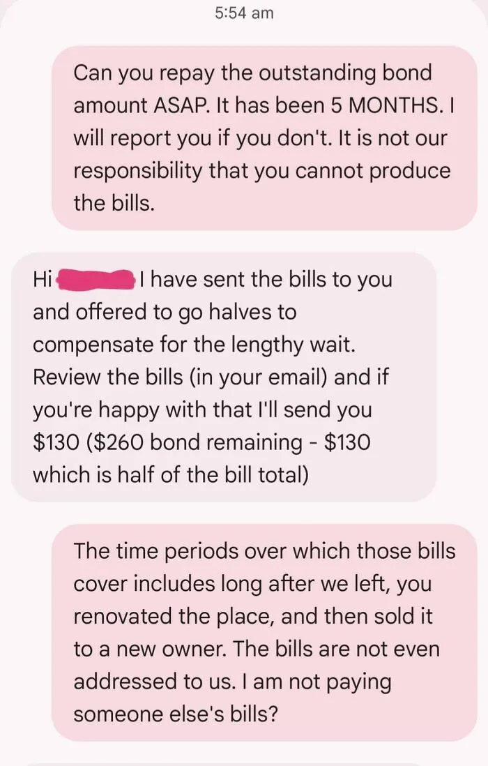 Screenshot of text messages about renting and booking dispute over unpaid bond and bills after moving out.