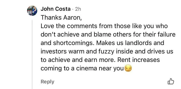A comment about rent increases from a landlord, showing a frustrating renting and booking experience.