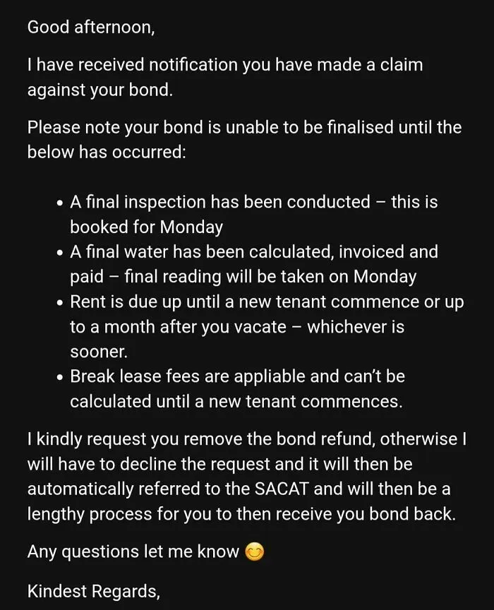 An email about a bond refund claim dispute, highlighting a difficult renting and booking situation.
