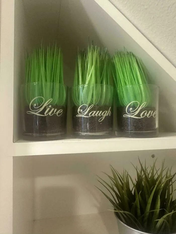 Three small glasses with artificial grass featuring Live, Laugh, Love text sitting on a white shelf.