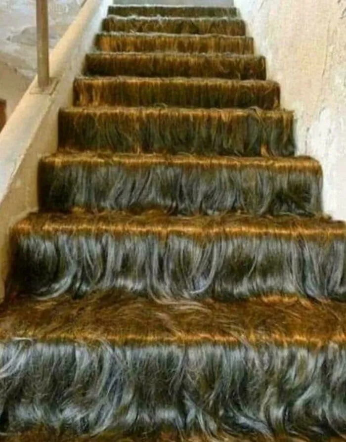 Stairs covered in a brown hair-like material, showcasing an unusual and questionable house decoration choice.